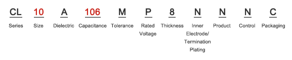 CL, Series / 10, Size / A, Dielectric / 106, Capacitance / M, Tolerance / P, Rated Voltage / 8, Thickness / N, Inner Electrode/Termination Platin / N, Product / N, Control / C, Packaging