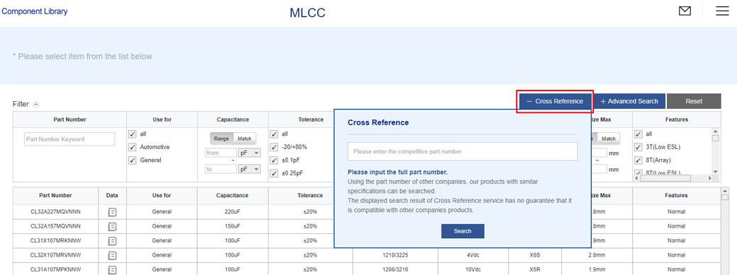 Component Library, MLCC, Cross Reference, Advanced Search, Reset, Please select item from the list below