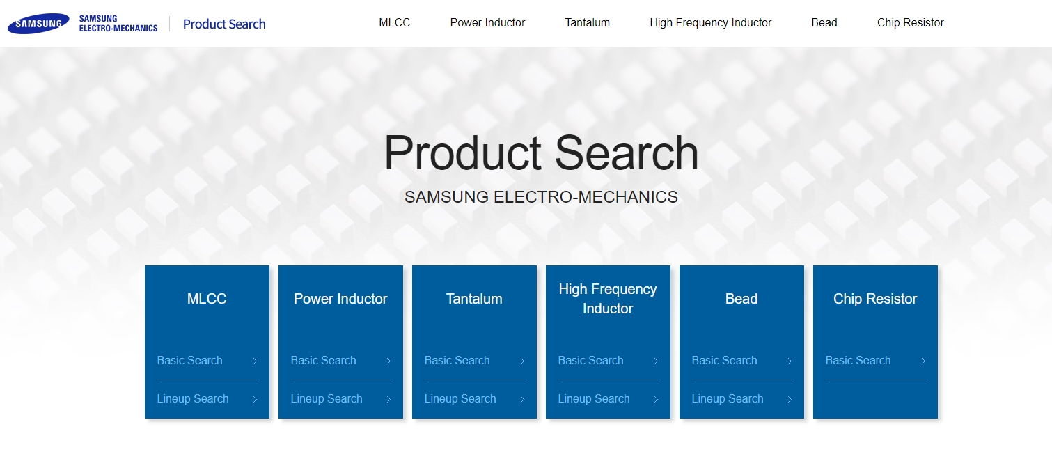 Samsung Electro-Mechanics Product Search 메인 페이지