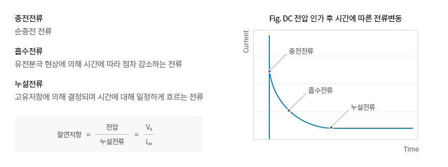 충전전류 순충전 전류, 흡수전류 유전분극 현상에 의해 시간에 따라 점차 감소하는 전류, 누설전류 고유저항에 의해 결정되며 시간에 대해 일정하게 흐르는 전류, 절연저항 = 전압/누설전류 = V/I, Fig. DC 전압 인가 후 시간에 따른 전류변동 그래프,  Fig. DC 전압 인가 후 시간에 따른 전류변동, Current, 충전전류, 흡수전류, 누설전류, Time