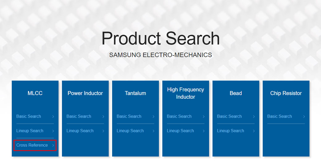 Product Search, Samsung Electro-Mechanics, mlcc, Power inductor, Tantalum, High Frequency Inductor, Bead, Chip Resistor