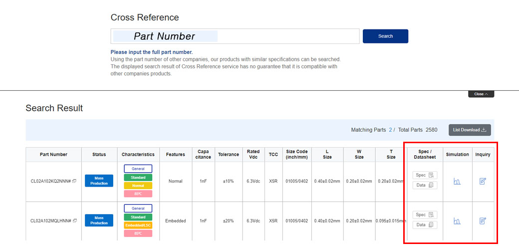 Cross Reference, Please input the full part number. Search Result