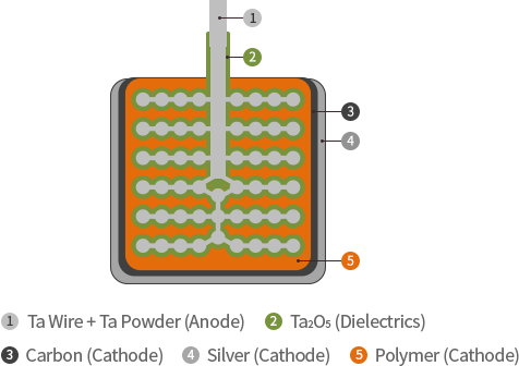 1.Ta Wire + Ta powder (anode), 2.Ta2O5 (dielectrics), 3.Carbon (cathode), 4.Silver (cathode), 5.Polymer (cathode)