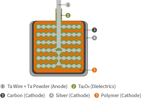 1.Ta Wire + Ta powder (anode), 2.Ta2O5 (dielectrics), 3.Carbon (cathode), 4.Silver (cathode), 5.Polymer (cathode)