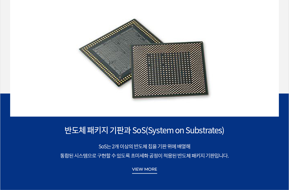 반도체 패키지 기판과 SoS(System on Substrates) SoS는 2개 이상의 반도체 칩을 기판 위에 배열해 통합된 시스템으로 구현할 수 있도록 초미세화 공정이 적용된 반도체 패키지 기판입니다. VIEW MORE