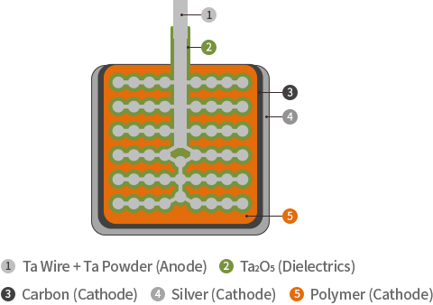 Conductive Polymer Type 부품 구성요소[1.Ta Wire + Ta Powder(Anode), 2.Ta₂O₅(Dielectrics), 3.Carbon(Cathode), 4.Silver(Cathode), 5.Polymer(Cathode)]